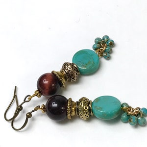 Vintage RED TIGEREYE Dangle Cluster Bead Earrings, Vintage TURQUOISE Glass Beads,Japanese Miyuki Picasso Turquoise Beads, Bali Style Gold image 3