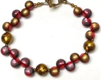 Vintage Japanese PICASSO MOONGLOW Lucite Bead Bracelet Pink, Blue, Red, Gold ,Gold Plated Toggle Clasp -Complimentary Gift Wrapping