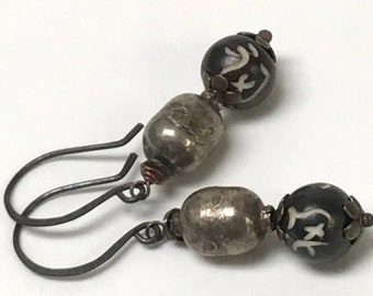 Antique QING CHINESE SILVER Handmade Bead Dangle Drop Earrings,Vintage Tibetan Om Mantra Black Bone Bead,Handmade Oxidized Copper Ear Wires