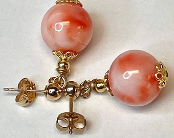 Vintage Gem Precious ANGEL SKIN CORAL Pink Bead Dangle Drop Earrings,Bali Handmade 14K Gold Vermeil Bead Caps, 14K Solid Gold Filled Posts