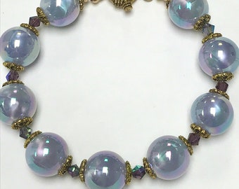Vintage Japanese Lucite FAUX PEARL Blue Purple Bead Bracelet ,Vintage AB Amethyst Crystal, Gold Plated Toggle Clasp