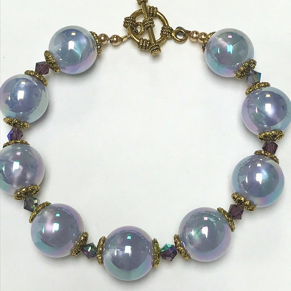 Vintage Japanese Lucite FAUX PEARL Blue Purple Bead Bracelet ,Vintage AB Amethyst Crystal, Gold Plated Toggle Clasp