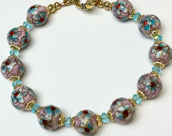 Vintage Chinese PINK Cloisonne Turquoise White Red Flowers Bead Bracelet,Turquoise A/B Crystal Beads,Gold Plated Bead Caps,Gold Toggle Clasp