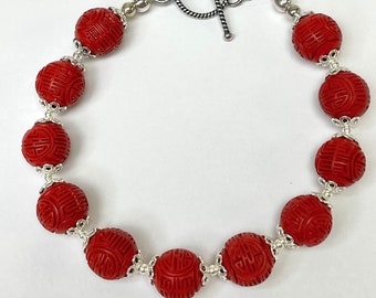 Vintage Chinese RED Cinnabar ETERNITY Shou Bead Sterling Silver Bead Bracelet,Handmade Bali Sterling Silver Toggle Clasp