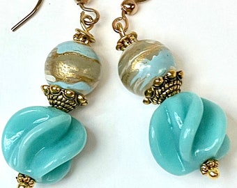 Vintage Japanese FIN GLASS TURQUOISE Bead Earrings Dangle Drop,Vintage German Teal Blue Gold Lucite Beads, Gold Ear Wires