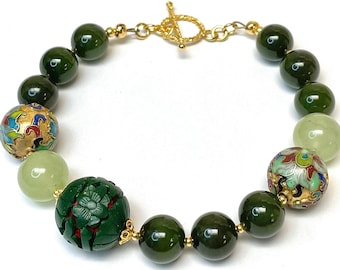 Vintage Chinese Jade Bead AA Grade Bracelet,Vintage Chinese Gold Champleve Cloisonne,Vintage Chinese Green Cinnabar, Serpentine, Bali Gold