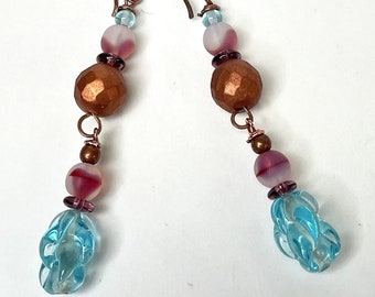 Vintage Japanese Aqua Glass Twist Knot Bead Dangle Earrings,Vintage German Pink Givre Glass, Copper Faceted Glass Bead,Handmade Ear Wires