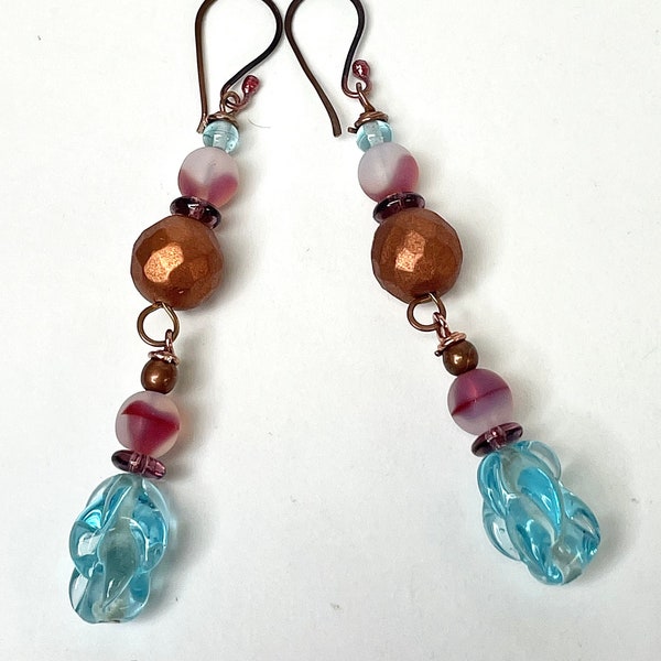 Vintage Japanese Aqua Glass Twist Knot Bead Dangle Earrings,Vintage German Pink Givre Glass, Copper Faceted Glass Bead,Handmade Ear Wires