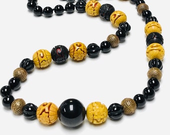 Vintage Chinese CINNABAR RARE YELLOW Hand Knotted Bead Necklace ,Vintage Black Onyx Beads, Vintage Brass Tea Strainer Beads
