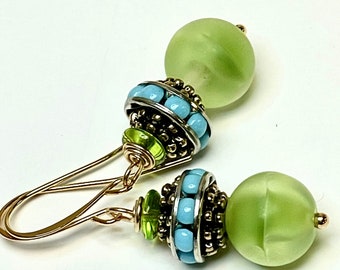 Vintage Givre Glass Lime Green Bead Dangle Earrings, Vintage Japanese 1940s Inlaid Turquoise Glass Beads,Gold Plated Ear Wires, Gold Beads