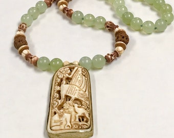 Vintage Chinese Carved BONE PEACOCK BIRD Large Pendant Knotted Bead Necklace,Vintage Green Serpentine ,Vintage Carved Hedaio Buddha Beads