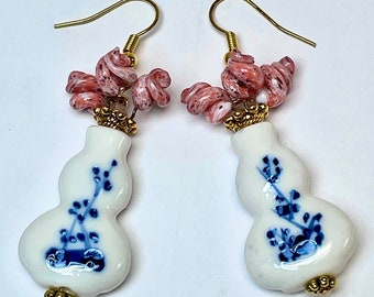 Vintage Chinese Porcelain PORCELAIN MINIATURE VASE White Blue Ming Style Bead Dangle Earrings,Japanese Cherry Brand Pink Glass Flower Beads