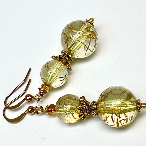 Vintage Japanese YELLOW Clear LUCITE GOLD Drizzle Bead Dangle Drop Earrings, Vintage Swarovski Topaz Crystal,Gold French Ear Wires