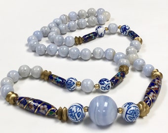 Vintage BLUE LACE AGATE Bead Knotted Necklace, Vintage Chinese 1970s Cobalt Blue Cloisonne Beads,Vintage Chinese Blue White Porcelain Beads