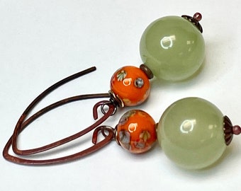 Vintage Chinese NATURAL SERPENTINE Dangle Bead Earrings,Vintage Japanese Orange Millefiori Glass Flower Beads,Handmade Rose Copper Ear Wires