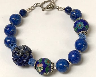 Vintage GEM LAPIS Carved Shou ETERNITY Bead Bracelet, Vintage 1970s Chinese Champleve cloisonné beads ,Bali Silver Clasp