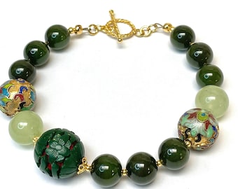 Vintage Chinese Jade, Cloisonne, Green Cinnabar, Serpentine Bead Bracelet, 24K Gold Vermeil Clasp