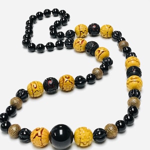 Vintage Chinese CINNABAR RARE YELLOW Hand Knotted Bead Necklace ,Vintage Black Onyx Beads, Vintage Brass Tea Strainer Beads