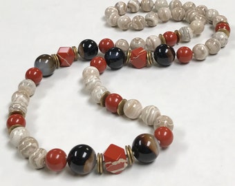 Vintage WOOD LACE AGATE Red Jasper Knotted Bead Necklace,Vintage Black Onyx, Vintage African Brass