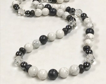 Vintage Howlite White Gray Bead Knotted Necklace, Vintage Hematite, Vintage Crystal Beads , Vintage Brushed Pewter Beads