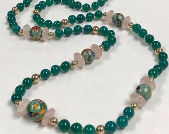 Vintage RARE EMERALD CHALCEDONY Bead Knotted Necklace,Vintage Carved Rose Quartz,Vintage Chinese Cloisonne Beads,Vintage Gold Filled Beads