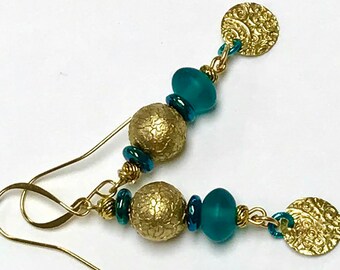 Vintage Japanese Gold Crinkle Long Bead Dangle Earrings,Vintage German Iris Iridescent Glass Bead,Teal Glass Bead,Vintage Gold Medallions