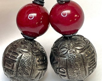 Antique Chinese Silver Bead Qing Dangle Wealth Treasure Earrings,Vintage RARE Red Chalcedony Beads ,Handmade Sterling Silver Ear Wires