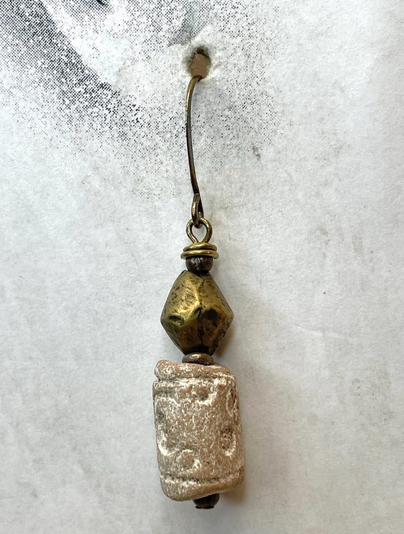 Vintage Genuine Ebony Horn Tribal Etched Pendant - 55mm White & Black Bead, NOS Z371