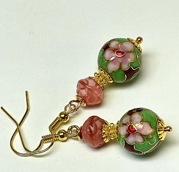 Vintage Chinese Cloisonne RARE APPLE GREEN Dangle… - image 3