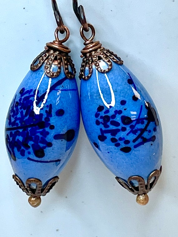 Vintage Handmade ENAMELED COPPER COBALT Blue Bead… - image 2