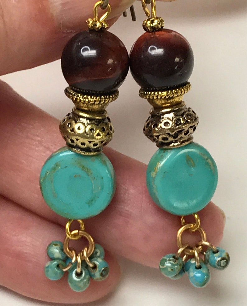 Vintage RED TIGEREYE Dangle Cluster Bead Earrings, Vintage TURQUOISE Glass Beads,Japanese Miyuki Picasso Turquoise Beads, Bali Style Gold image 2