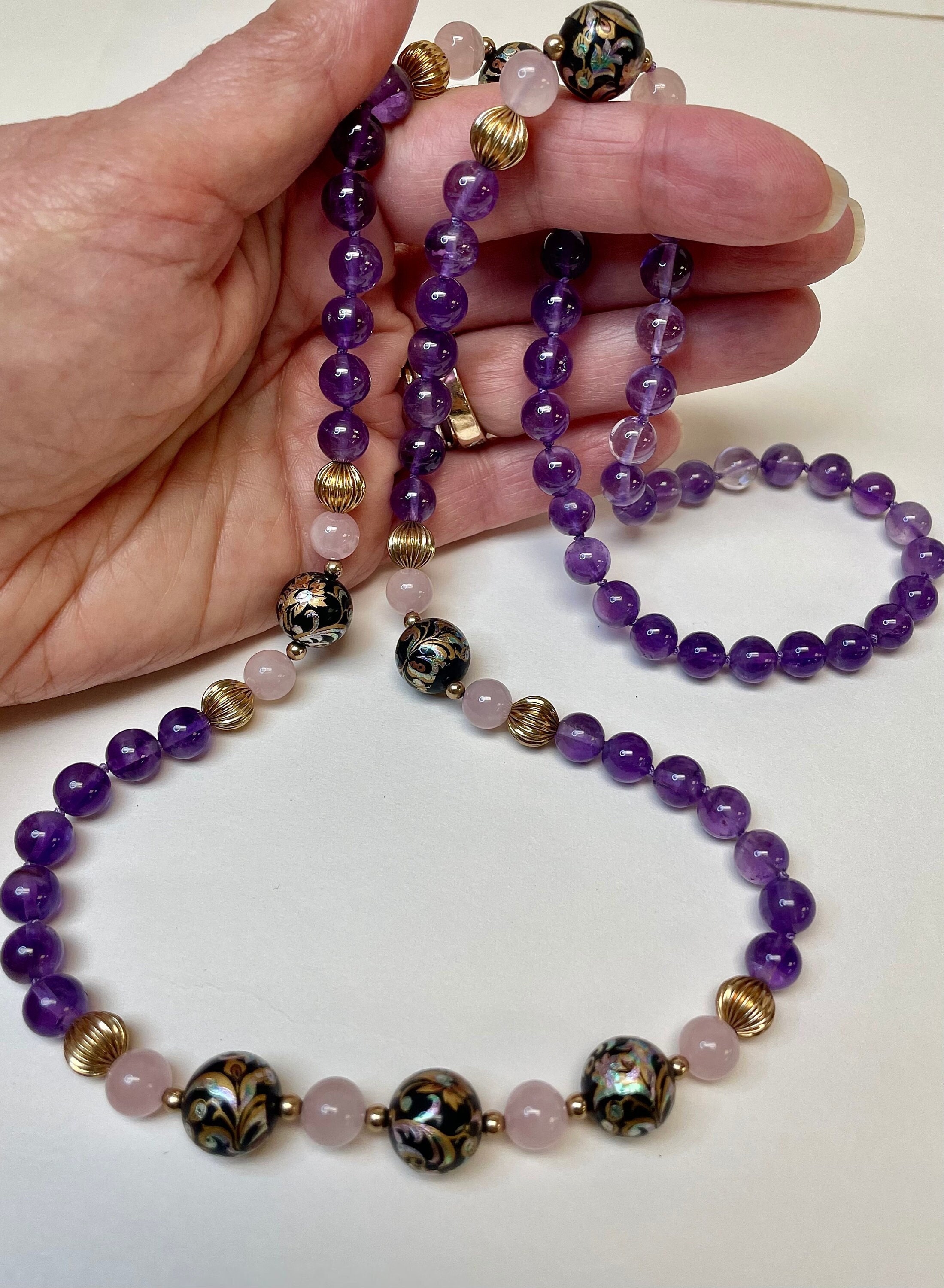 Vintage Amethyst AAA Grade Bead Hand Knotted Necklace,Vintage Rose Quartz Beads,Vintage Japanese Iridescent Tensha Beads,Gold Filled Beads
