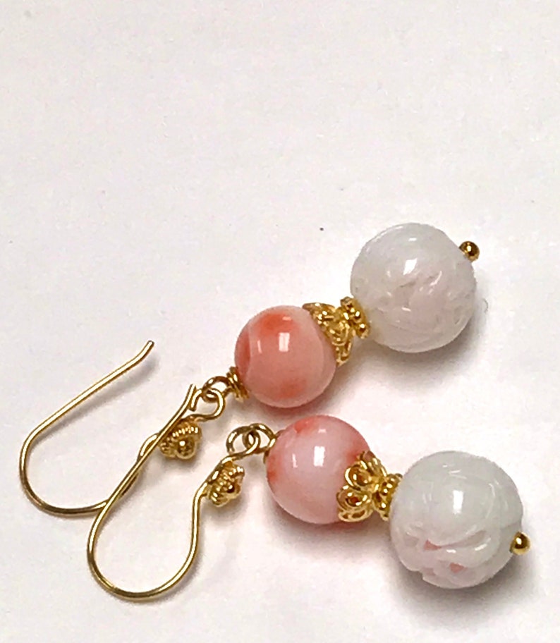 Vintage Pink ANGEL SKIN CORAL Dangle Bead Earrings,Vintage Japanese White Coral Glass Flower Beads,Handmade Bali 24k Gold Ear Wires,Bead Cap image 2