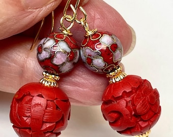 Vintage Chinese 1970s Red CINNABAR Floral Bead Dangle Earrings, Vintage Red Cloisonne Red Flower Beads, Gold Plated Ear Wires,