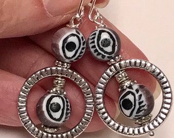 Vintage Venetian Glass EVIL EYE Millefiori Purple Black White Bead Dangle Earrings,Silver Plated Hoops, Silver Plated Long Ear Wires