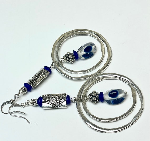 Vintage Japanese GLASS BLUE SPOTTED Dangle Drop B… - image 3