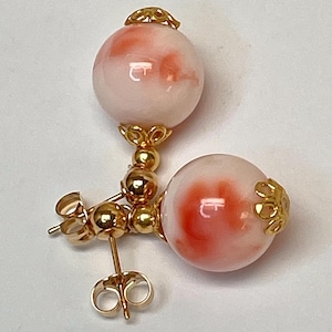 Vintage Gem Precious ANGEL SKIN CORAL Pink Bead Dangle Drop Earrings,Bali Handmade 14K Gold Vermeil Bead Caps, 14K Solid Gold Filled Posts