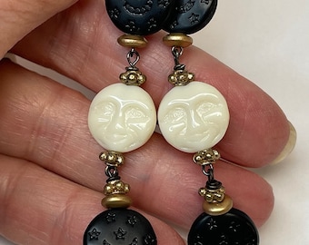 Vintage German Pressed Glass MOON AND STARS Bead Black White Dangle Drop Earrings,Vintage German Gold Glass Beads,Gold French Ear Wires