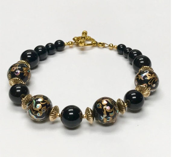 Vintage Japanese TENSHA IRIDESCENT BLACK Bead Gra… - image 9