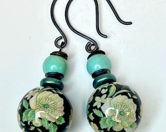 Vintage Japanese Black TENSHA Turquoise Flower Bead Dangle Earrings,Vintage Chinese Natural Turquoise,Handmade Oxidized Sterling Ear Wires