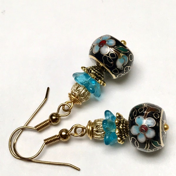 Vintage Chinese RARE Cloisonne Black BARREL Blue Flower Bead OOAK Dangle Earrings,Vintage German Aqua Glass Tulip Bead,Gold Ear Wires