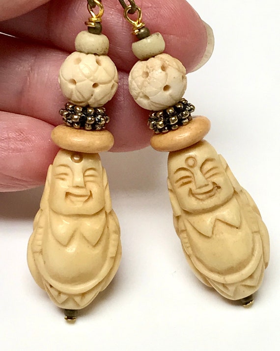 Vintage BONE Buddha Carved Bead Dangle Drop Earri… - image 1