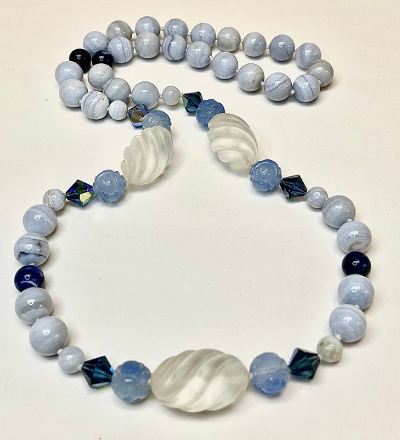 Vintage Blue Lace Agate Knotted Bead Necklace,Vin… - image 1