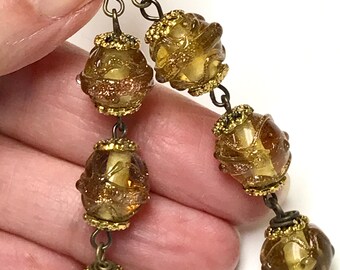 Vintage AVENTURINA Goldstone HONEY ITALIAN Glass Golden Yellow Oval Bead Earrings Long Dangle,Ornate Gold Plated Floral Bead Caps,Brass