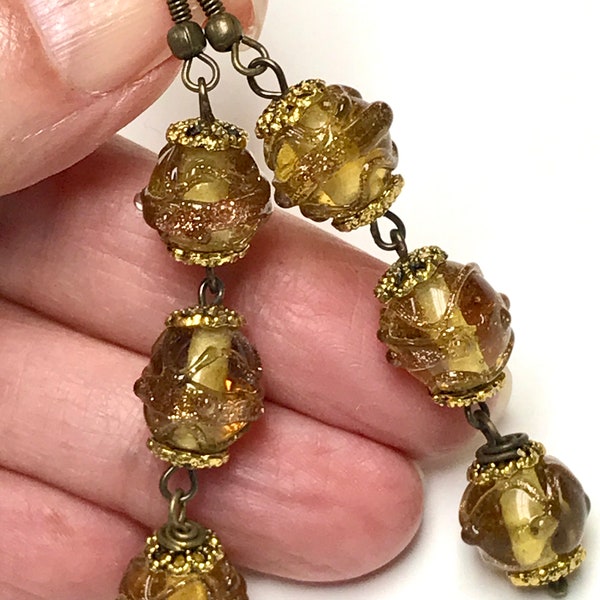 Vintage AVENTURINA Goldstone HONEY ITALIAN Glass Golden Yellow Oval Bead Earrings Long Dangle,Ornate Gold Plated Floral Bead Caps,Brass