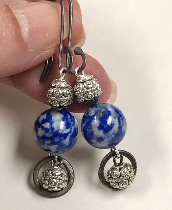 Vintage LAPIS Blue DENIM Long Dangle Earrings,Bali