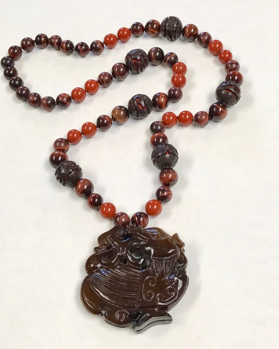 Vintage CINNABAR Chinese RARE BROWN Knotted Bead … - image 2