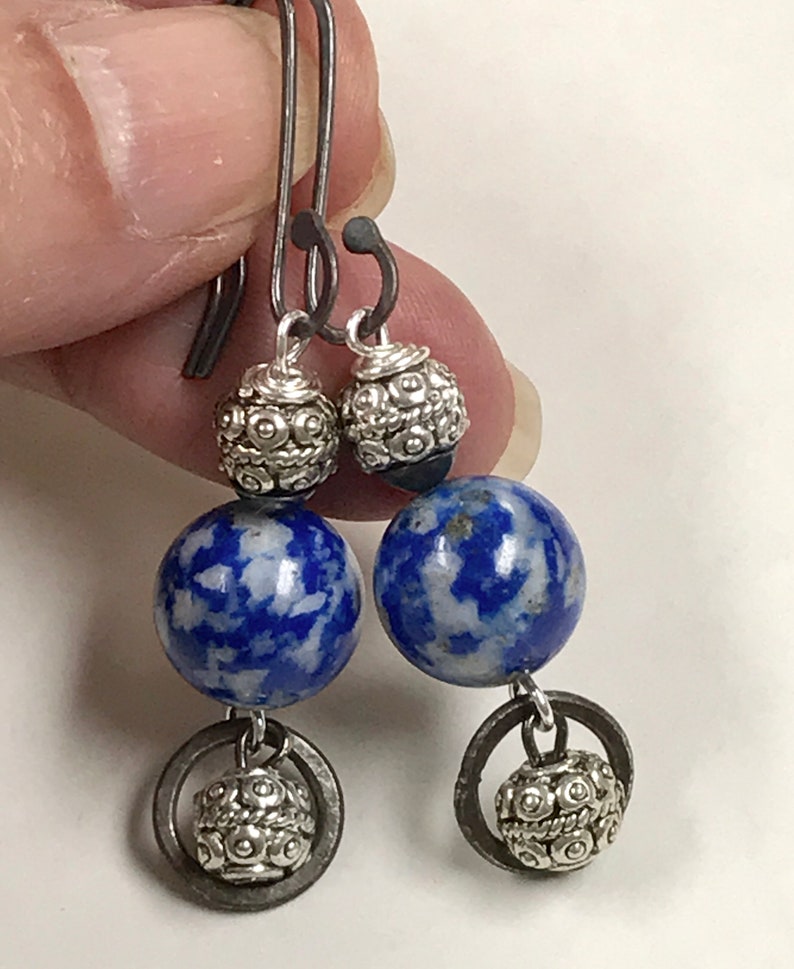 Vintage LAPIS Blue DENIM Long Dangle Earrings,Bali Style Ornate Silver Beads,Handmade Oxidized Sterling Silver Ear Wires And Silver Hoops