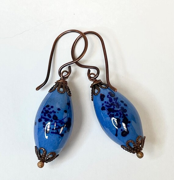 Vintage Handmade ENAMELED COPPER COBALT Blue Bead… - image 5