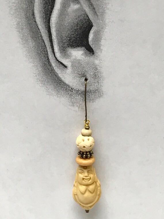 Vintage BONE Buddha Carved Bead Dangle Drop Earri… - image 6